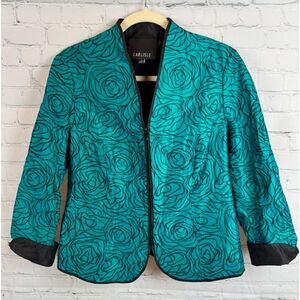 CARLISLE blue turquoise silk embroidered full zip blazer jacket size 10